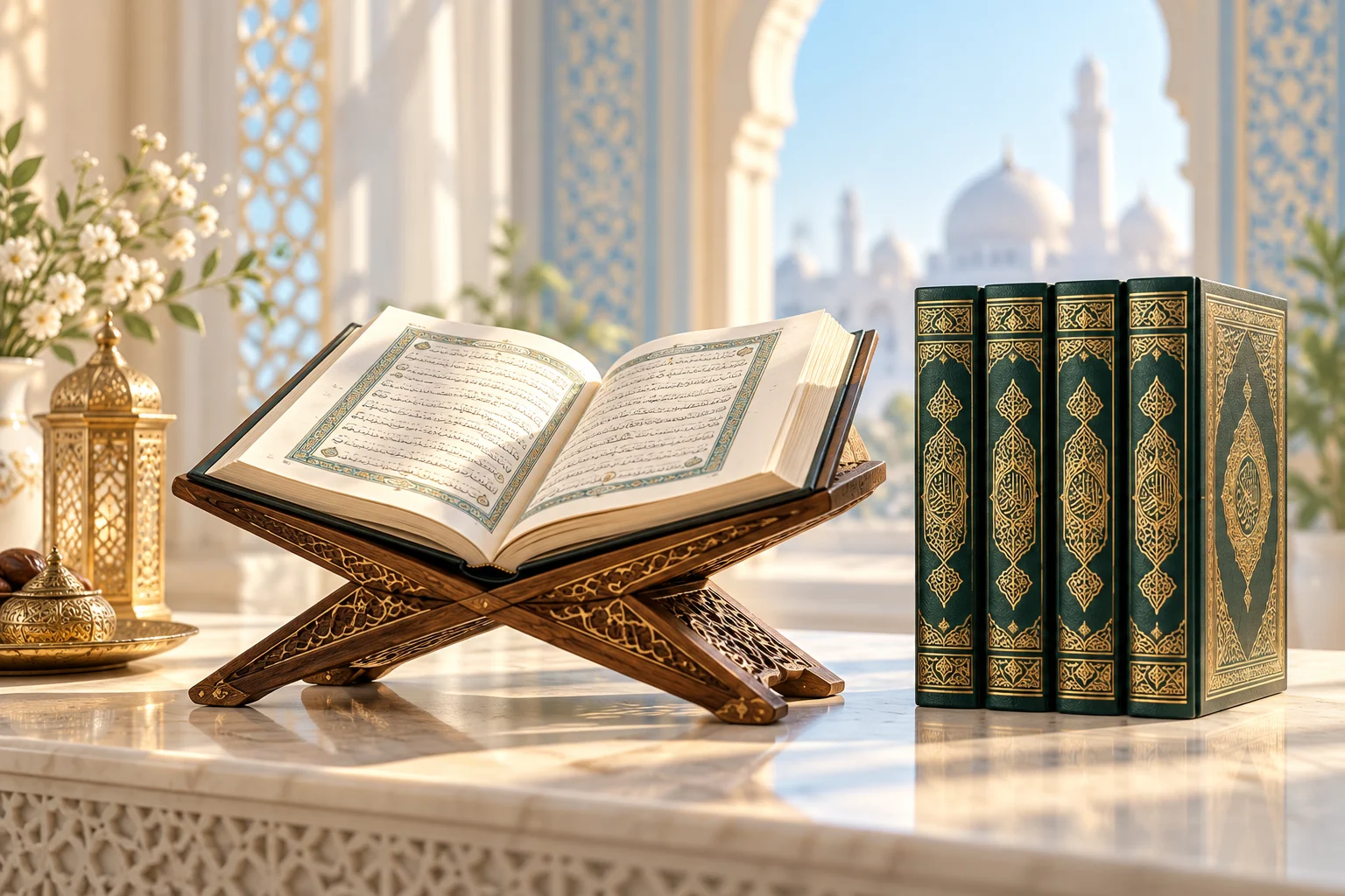 مصحف مفتوح على حامل خشبي وكتب مزخرفة