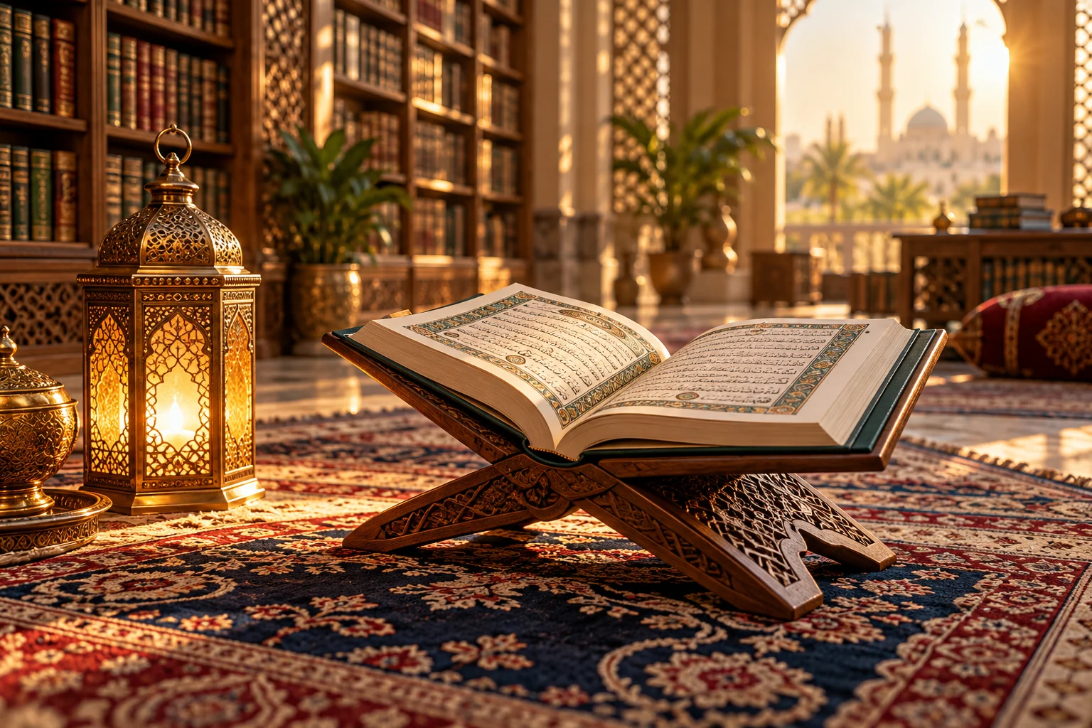 مصحف على حامل خشبي بجوار فانوس في مكتبة