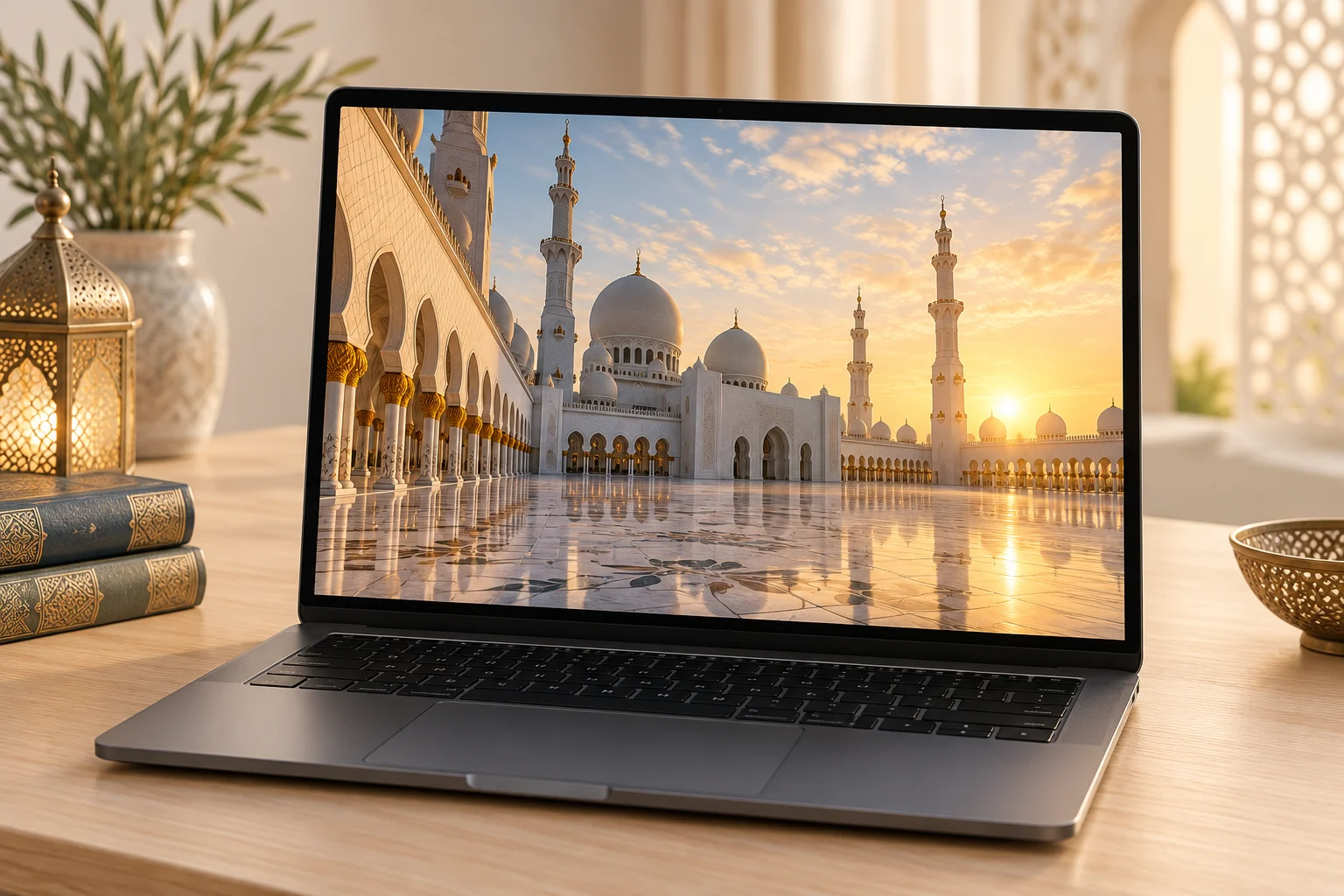 حاسوب يعرض مشهد مسجد للمكتبة المرئية
